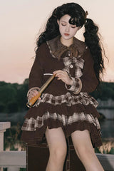 Dark Brown Multi-layer Bowknot College Style Autumn Winter Princess Sweet Lolita Skirt Set - Product - 6