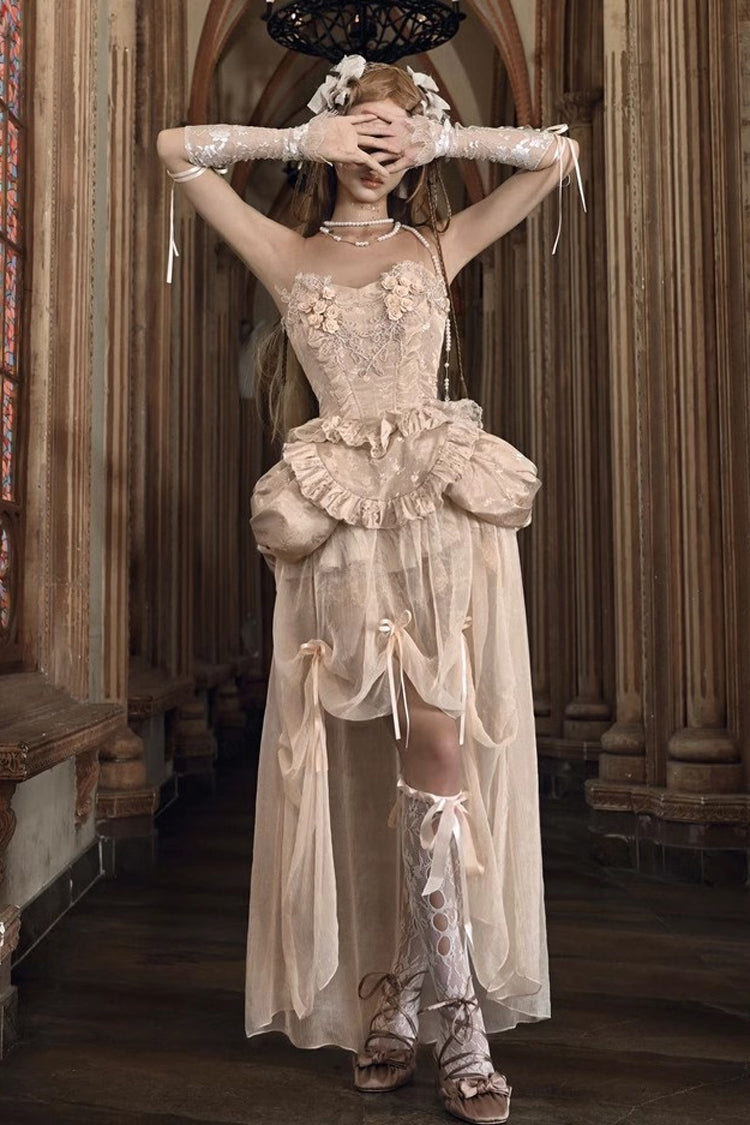 Apricot V Collar Sleeveless High Waisted Ruffle Embroidery Lace Fishbone Gothic Lolita Corset Skirt Set - Product - 4