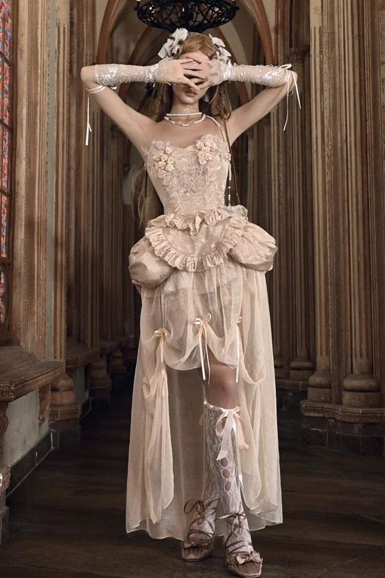 Apricot V Collar Sleeveless High Waisted Ruffle Embroidery Lace Fishbone Gothic Lolita Corset Skirt Set - Product - 4