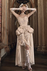 Apricot V Collar Sleeveless High Waisted Ruffle Embroidery Lace Fishbone Gothic Lolita Corset Skirt Set - Product - 4