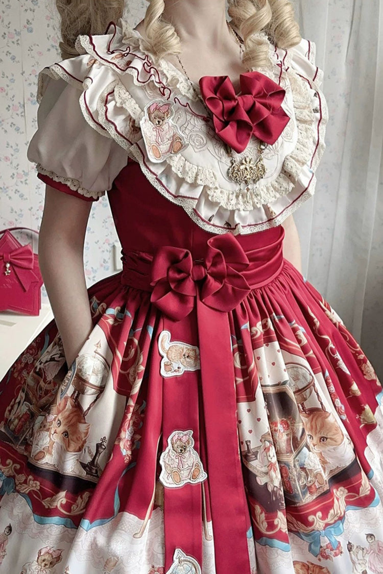 Red [The Tale of a Curious Cat] Round Collar Short Sleeves Double-Layered Printed Ruffled Bow Sweet Lolita Dress - Product - 5