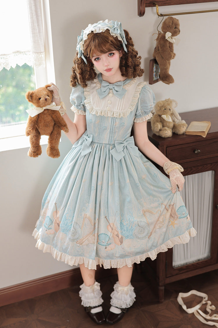 Blue [Underwater Concert] Round Collar Short Sleeves Printed Ruffled Bow Sweet Lolita Dress - Product - 3