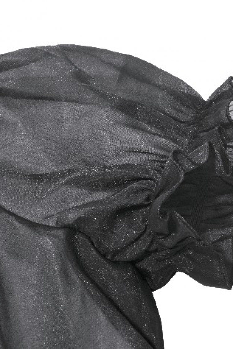 Black Deep V Collar Short Puff Sleeves Multi-Layered Ruffled Lace Sheer Women's Gothic Blouse - Product - 15