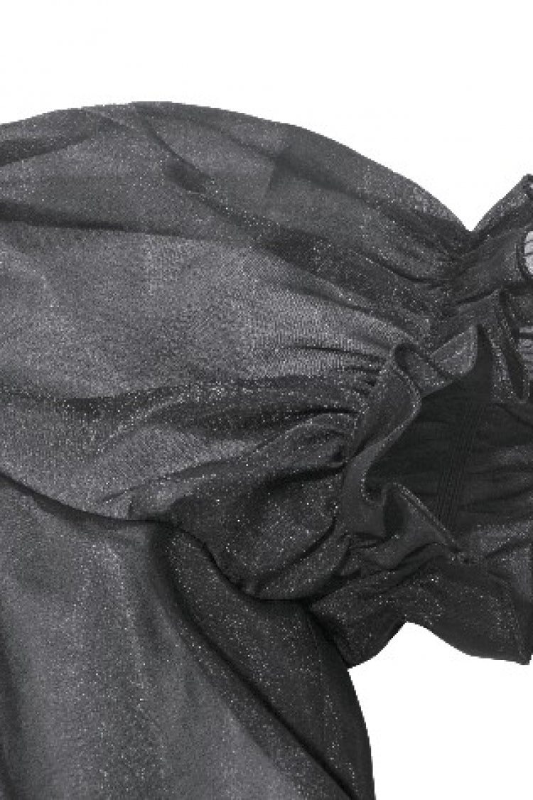 Black Deep V Collar Short Puff Sleeves Multi-Layered Ruffled Lace Sheer Women's Gothic Blouse - Product - 15