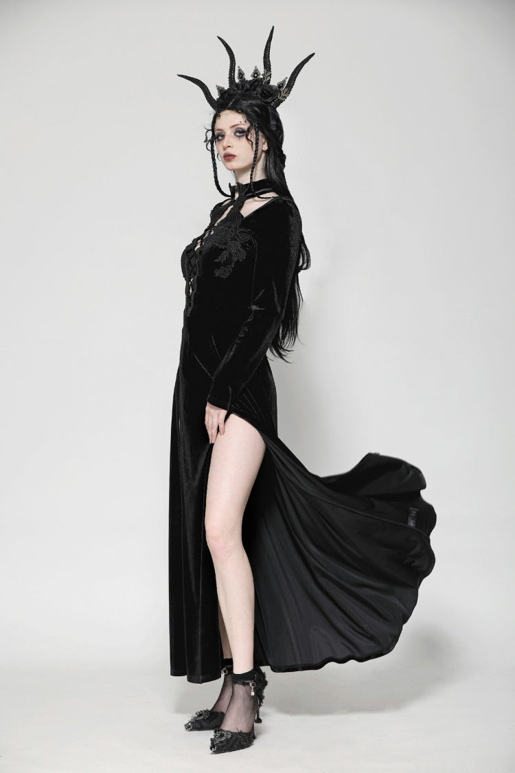 Black Long Sleeves Cut-Out Lace-Up Women's Gothic Side Slit Velvet Party Dress Wedding Dress - Product - 9