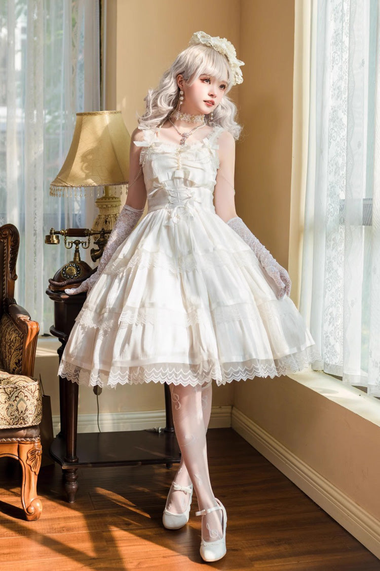 White Sleeveless Multi-layer Ruffle Bowknot Sweet Princess Lolita Jsk Dress - White - 1