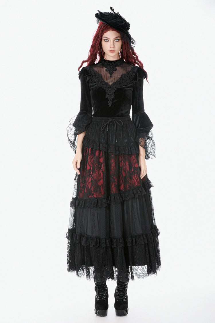 Black Multi-Layered Long Flare Sleeves Embroidered Sheer Mesh Splice Velvet Women's Gothic Top - Product - 6