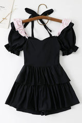 Black/Pink Square Collar Short Sleeves Ruffled Bow Sweet Lolita One-Piece Swimsuit - Product - 3