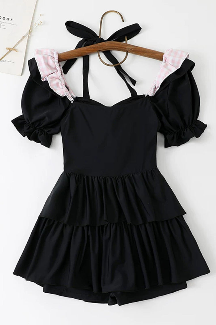 Black/Pink Square Collar Short Sleeves Ruffled Bow Sweet Lolita One-Piece Swimsuit - Product - 3
