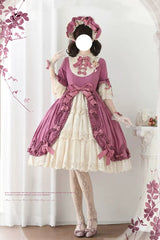 Plum Red [Lilica Garden] Lapel Collar Short Trumpet Sleeves Ruffled Open-Front Bow Lace Sweet Elegant Luxurious Lolita Dress - Plum-Red - 1
