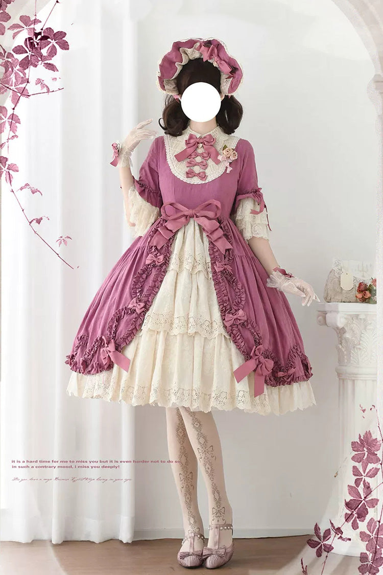 Plum Red [Lilica Garden] Lapel Collar Short Trumpet Sleeves Ruffled Open-Front Bow Lace Sweet Elegant Luxurious Lolita Dress - Plum-Red - 1