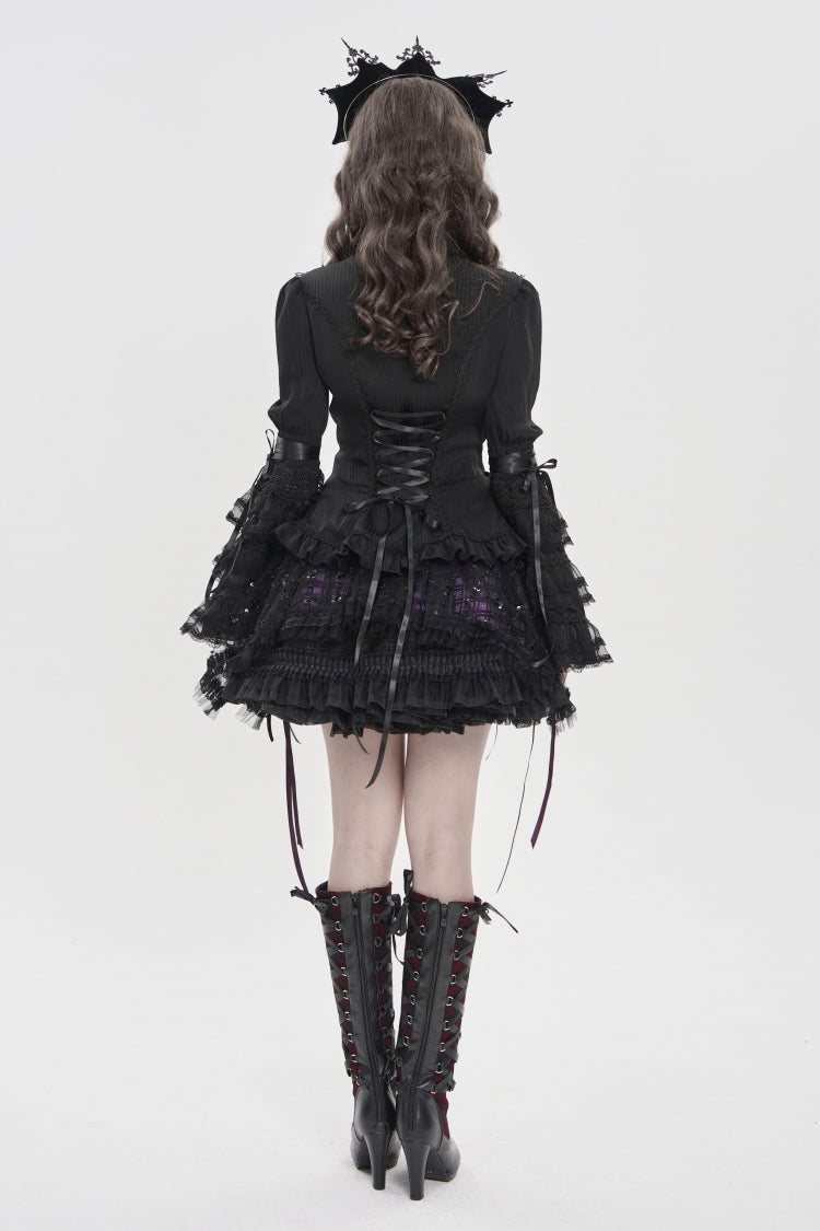 Black Lapel Collar Long Trumpet Sleeves Lace Lace-Up Women's Gothic Blouse - Product - 3