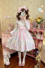 [Sweetheart Bunny Bear] Lapel Collar Long Sleeves Print Ruffle Bowknot Sweet Lolita Dress 3 Colors - Product - 5