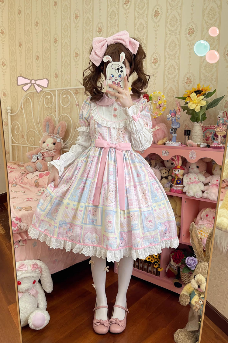 [Sweetheart Bunny Bear] Lapel Collar Long Sleeves Print Ruffle Bowknot Sweet Lolita Dress 3 Colors - Product - 5