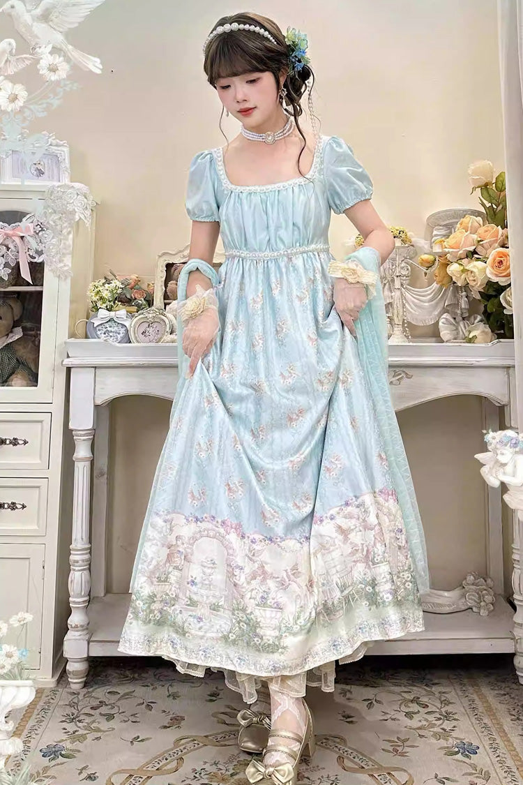 Green [Spring of Nai] Square Collar Short Sleeves Print Pearl Sweet Elegant Lolita Dress - Product - 5