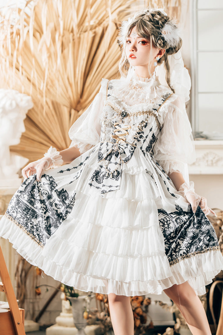 White Dragon Rider Print Ruffle Cardigan Bowknot Lace Gothic Lolita Jsk Dress - Product - 2