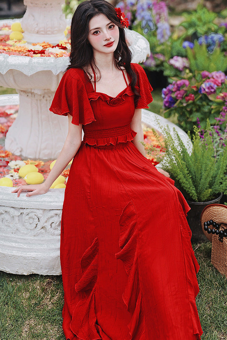 Red Square Collar Halterneck Short Sleeves High Waisted Ruffled Gothic Vintage Lolita Long Skirt Set - Product - 12