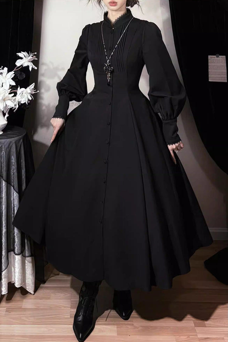 Black [Astrea] Long Puff Sleeves Slim Gothic Elegant Lolita Dress - Product - 5