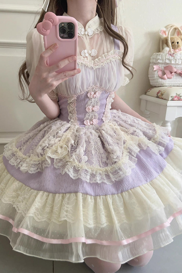 Flower Bud Halterneck Print Ruffle Lace Sweet Chinese Ballet Style Lolita Jsk Dress 3 Colors - Product - 10