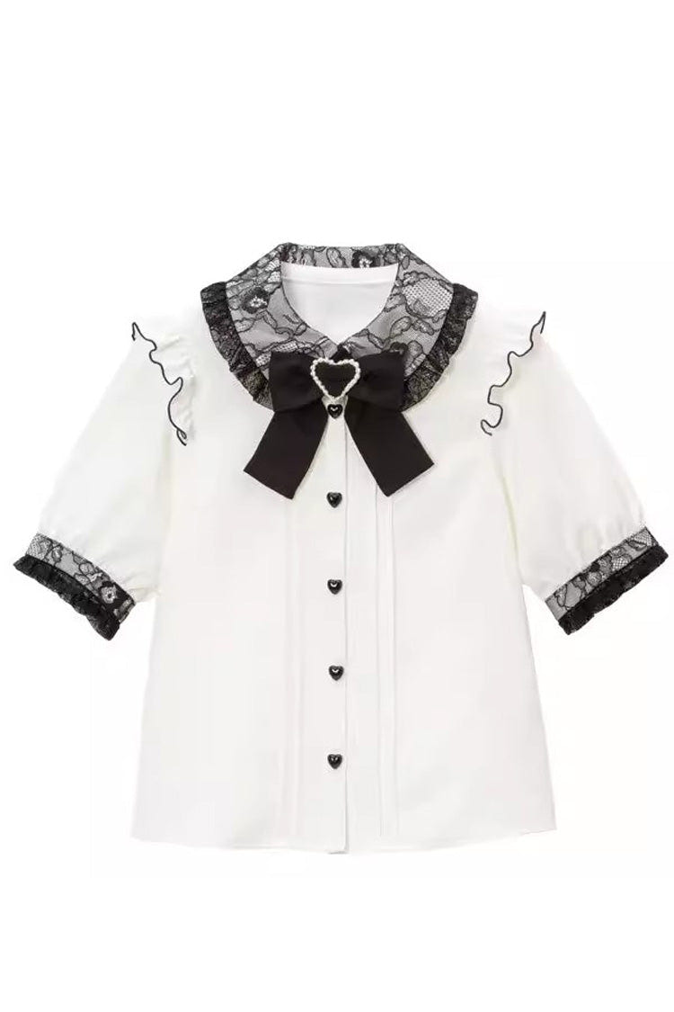 Doll Collar Short Sleeves Bowknot Sweet Jirai Kei Japanese Lolita Blouse 4 Colors - White - 4