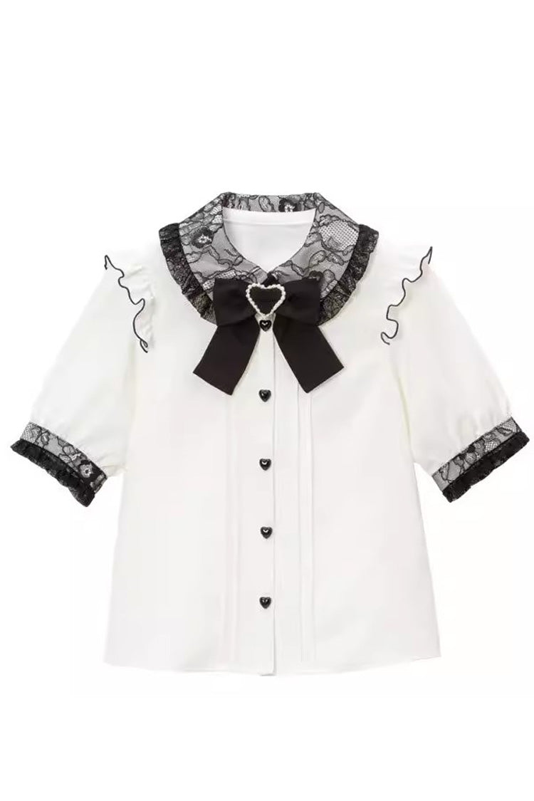 Doll Collar Short Sleeves Bowknot Sweet Jirai Kei Japanese Lolita Blouse 4 Colors - White - 4