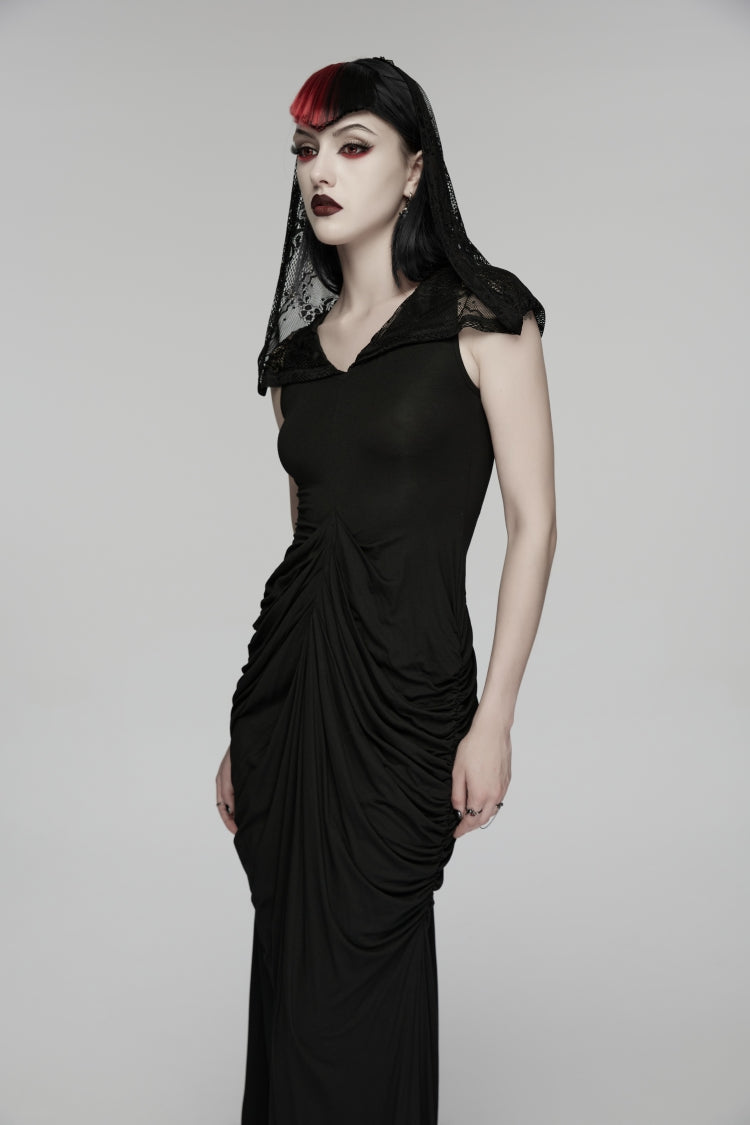 Black V Collar Short Puff Sleeves Hanayome Cut-Out Lace Pleated Women's Gothic Wedding Dress - Product - 7