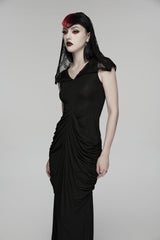 Black V Collar Short Puff Sleeves Hanayome Cut-Out Lace Pleated Women's Gothic Wedding Dress - Product - 7