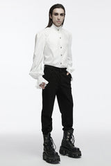 White Stand Collar Long Puff Sleeves Crochet Men's Gothic Blouse - Product - 4
