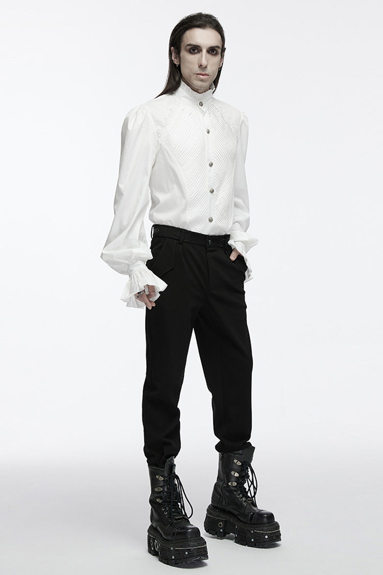 White Stand Collar Long Puff Sleeves Crochet Men's Gothic Blouse - Product - 4