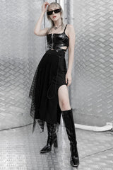 Black Leather Hollow Metal Zipper Women's Punk Corset - Product - 4