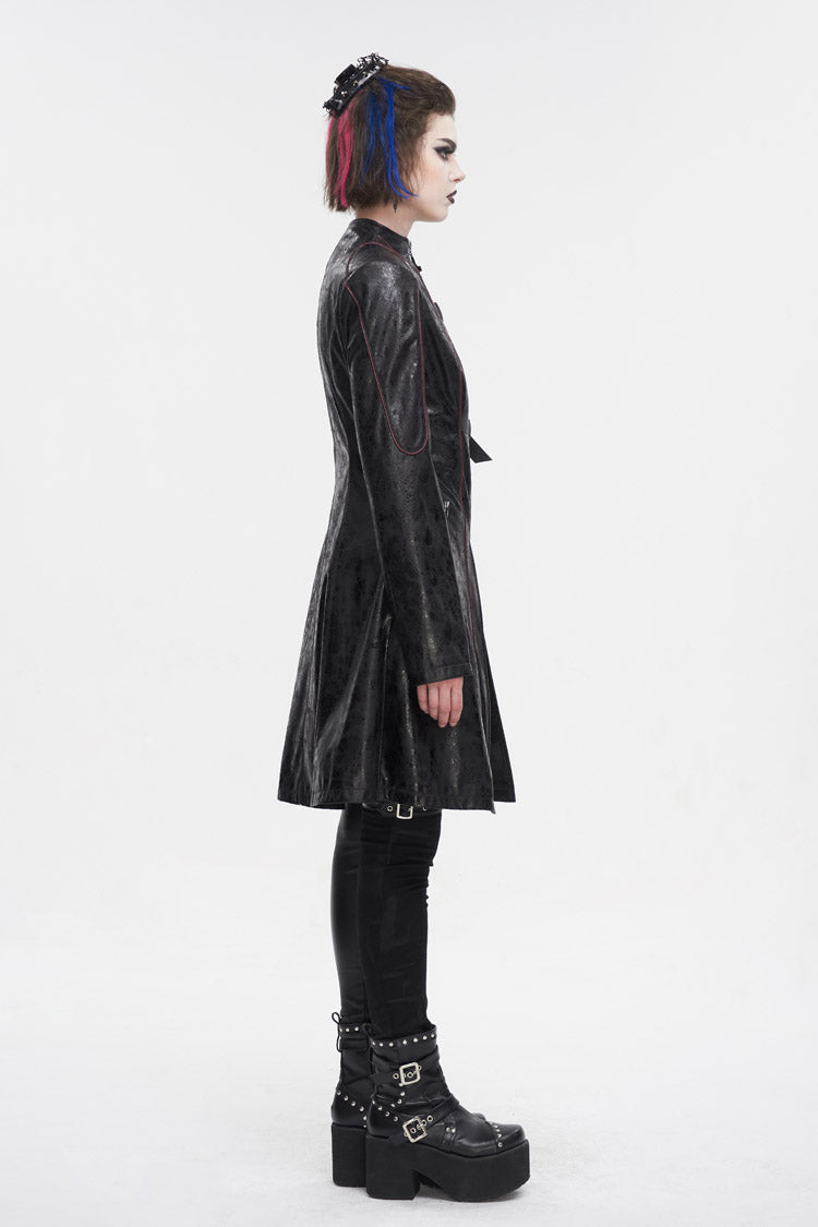 Black Double Buckle Faux Leather Long Women's Punk Coat - Product - 6