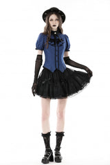 Blue/Black Striped Bow Ruffled Stand Collar Lace Jabot Short Puff Sleeves Front Button‑Up Women's Gothic Blouse - Product - 8