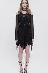 Black Sleeves Cross Print Embroidered And Beaded Neckline Stretch-Mesh Flared Women's Gothic Dress - Product - 6