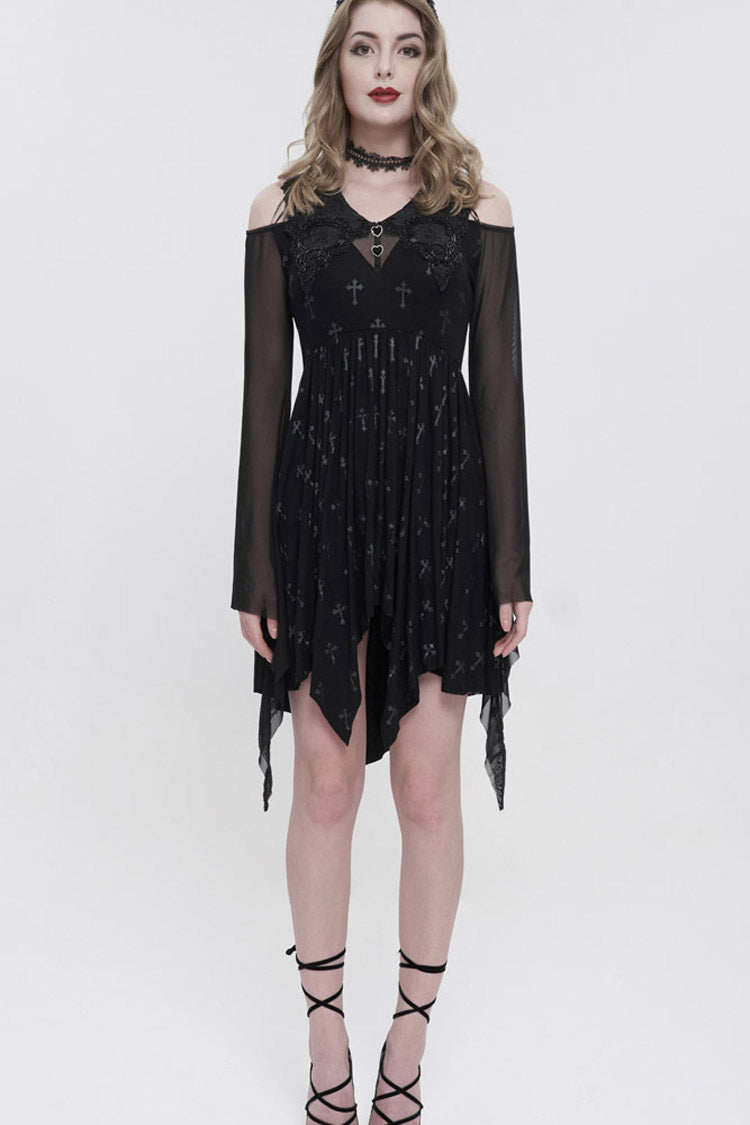 Black Sleeves Cross Print Embroidered And Beaded Neckline Stretch-Mesh Flared Women's Gothic Dress - Product - 6