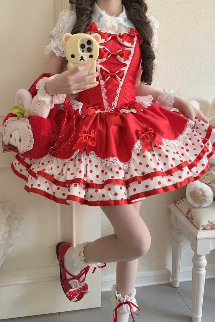 Red [Jasmine Rain] Square Collar Sleeveless Triple-Layered Polka Dot Printed Ruffled Bow Lace Sweet Lolita Jsk Dress - Product - 4