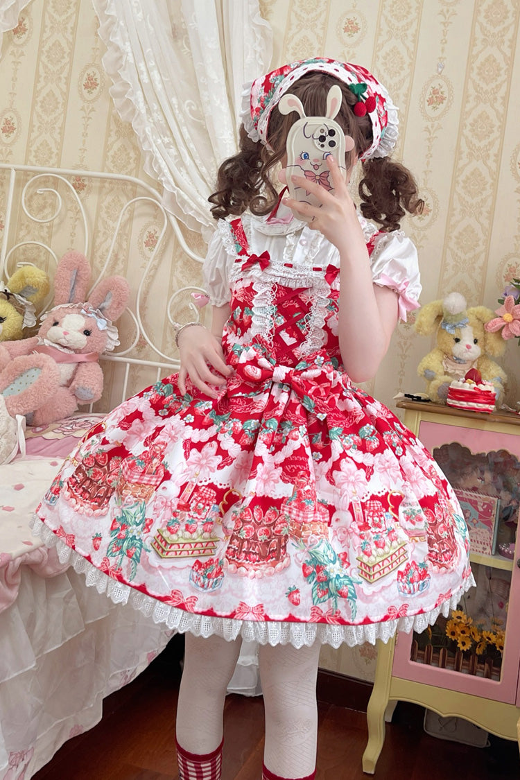 Red [Strawberry Cocoa Jam] Sleeveless Print Ruffle Bowknot Lace Sweet Lolita Jsk Dress - Product - 5