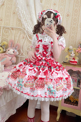 Red [Strawberry Cocoa Jam] Sleeveless Print Ruffle Bowknot Lace Sweet Lolita Jsk Dress - Product - 5