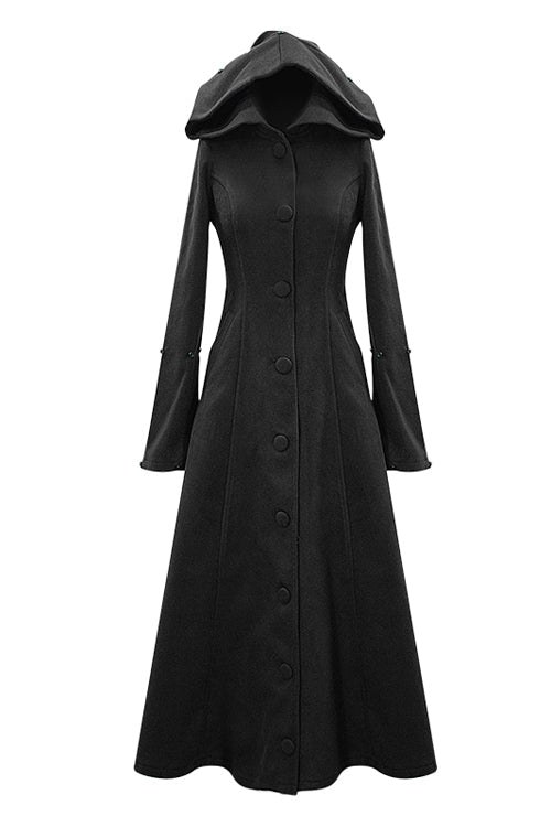 Black Gothic Double Faced Woolen Hooded Long Sexy Women Coat - Product - 5