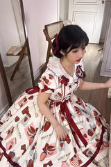 Multi-Color Strawberry Bowknot Print Short Sleeves Long Version Sweet Lolita Dress - Product - 4