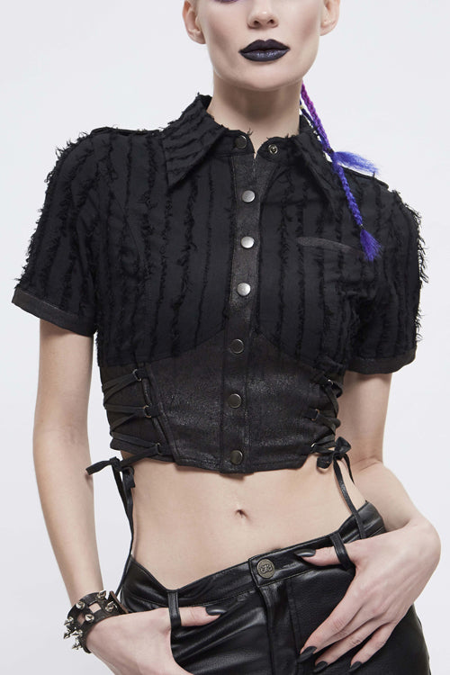 Black Tattered Short Sleeves Womens Punk Blouse - Black - 1