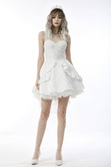 White Sleeveless High/Low Multi-Layered Jacquard Lace Lace-Up Women's Gothic Slip Wedding Graduation Dress - Product - 8