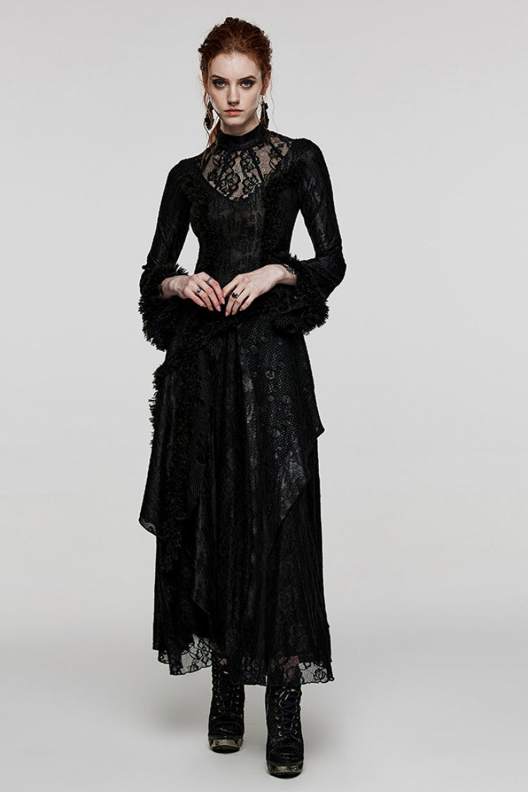 Black Long Trumpet Sleeves Hollow Stitching Lace Mesh Women's Gothic Dress - Product - 4
