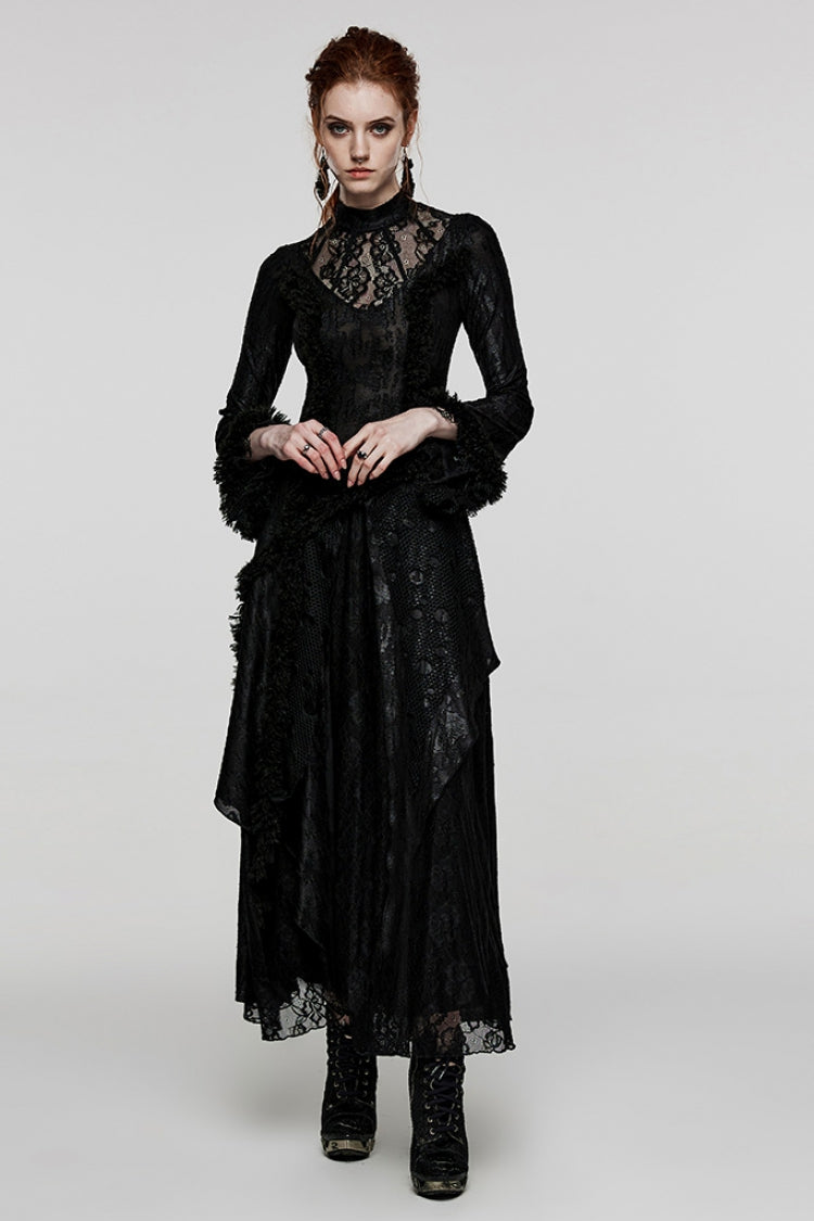 Black Long Trumpet Sleeves Hollow Stitching Lace Mesh Women's Gothic Dress - Product - 4