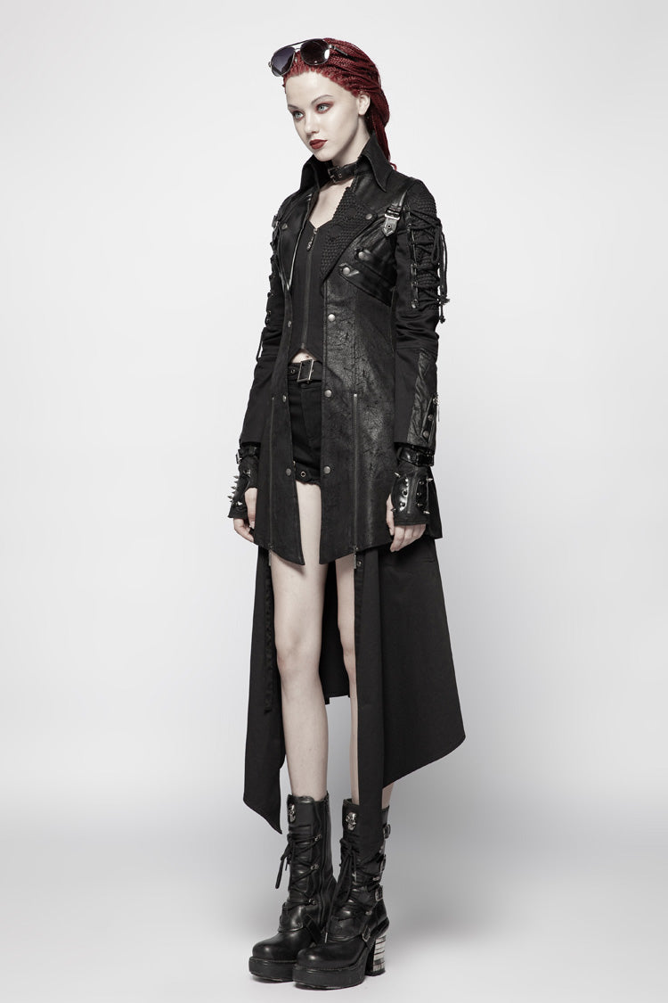 Black Metal Buckle Decoration Zipper Womens Steampunk Windbreaker Coat - Product - 2