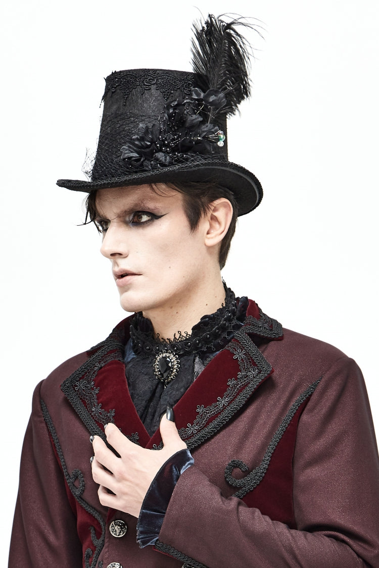 Black Women's Men's Gothic Noir Floral Feather Top Hat with Net Veil - Product - 4