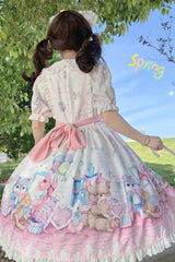 White/Pink Duck Bear Toys Print Short Sleeves Ruffle Bowknot Sweet Lolita Dress - Product - 3