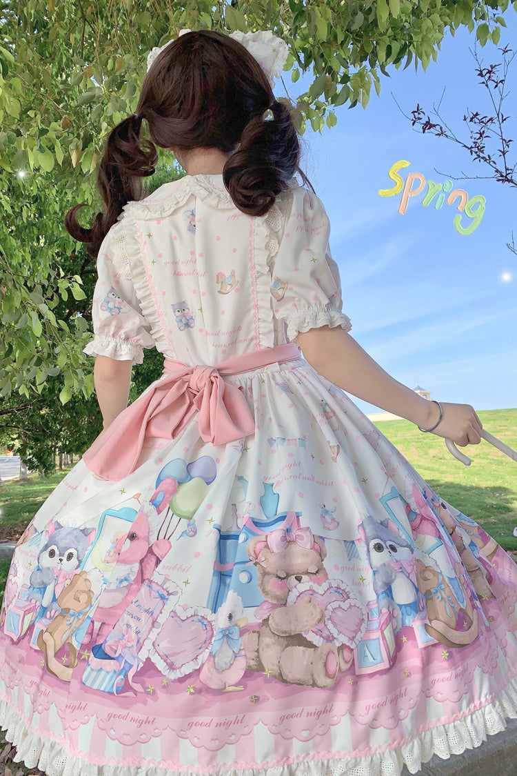 White/Pink Duck Bear Toys Print Short Sleeves Ruffle Bowknot Sweet Lolita Dress - Product - 3