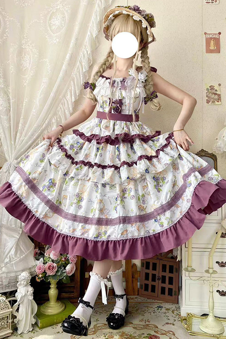 [Blueberry Early Summer] Sleeveless Triple-Layered Print Ruffle Bowknot Lace Sweet Lolita Jsk Dress 2 Colors - Product - 3