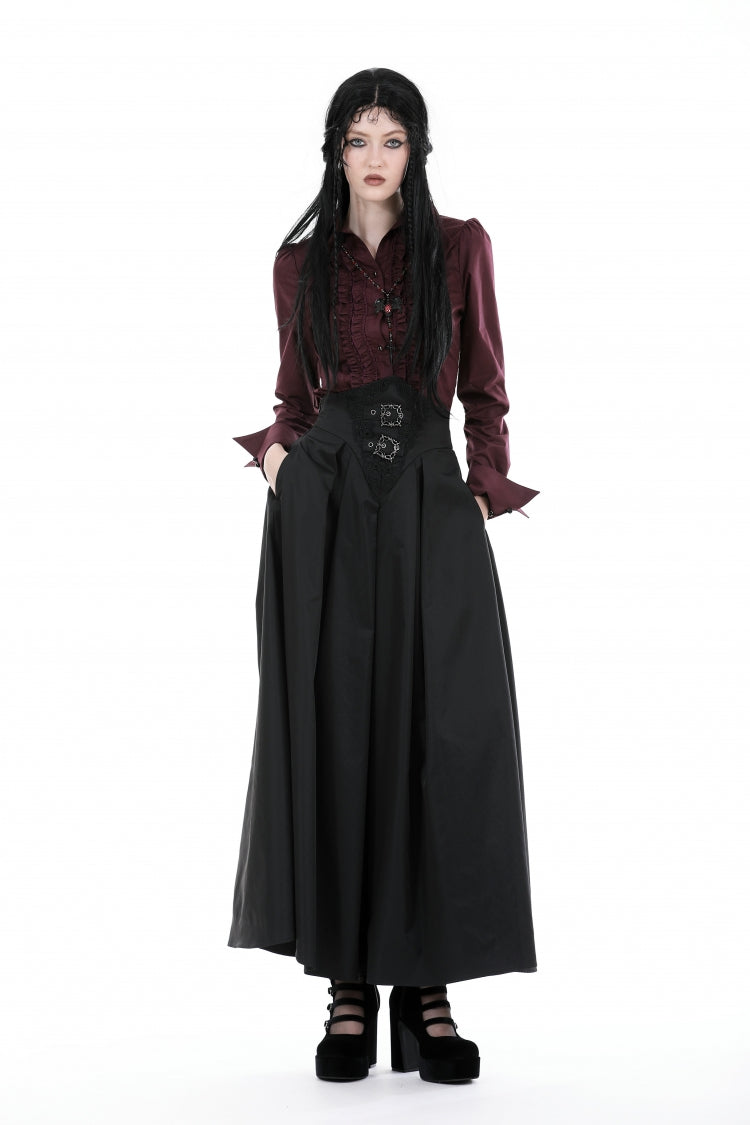 Wine Red Turn-down Collar Ruffled Long Sleeves Women's Gothic Blouse - Wine-Red - 1
