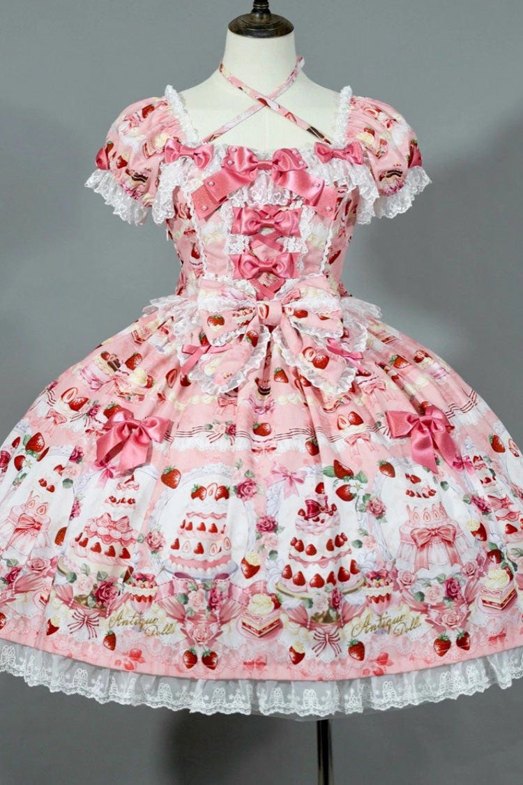 [Strawberry Cake Bouquet] Print Square Collar Short Sleeves Bowknot Lace Sweet Lolita Dress 3 Colors - Product - 3